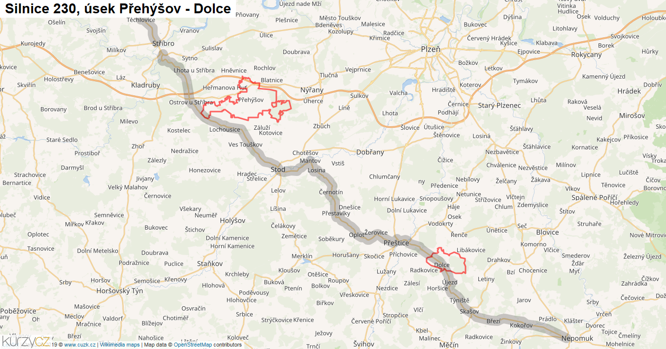 Úsek Přehýšov - Dolce, Silnice 230 - Mapa