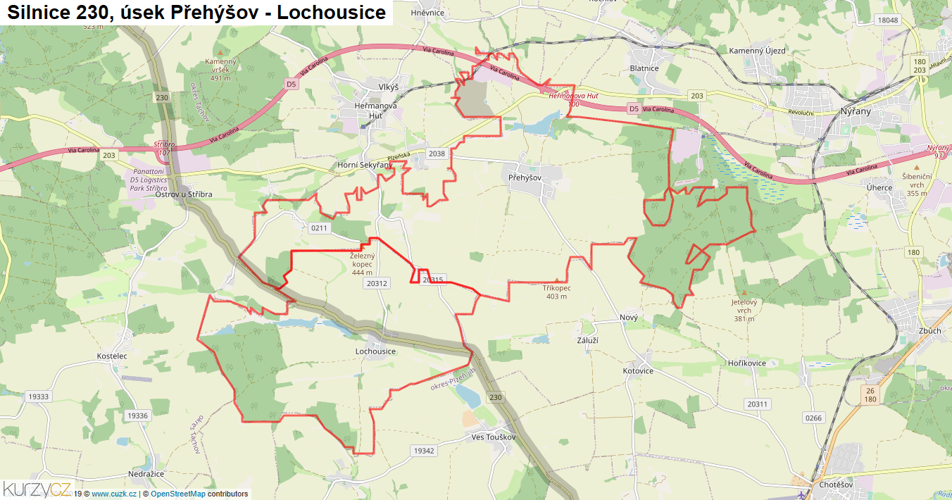 Úsek Přehýšov - Lochousice, Silnice 230 - Mapa