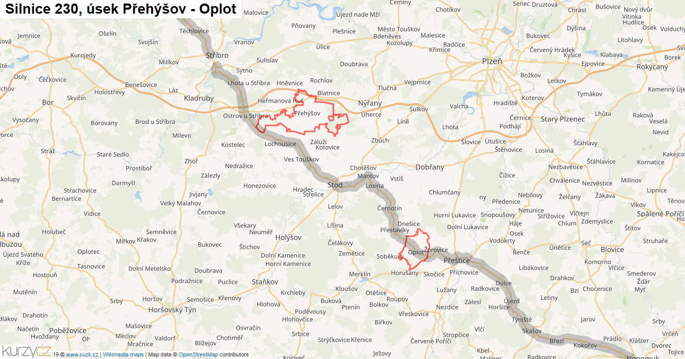 Úsek Přehýšov - Oplot, Silnice 230 - Mapa