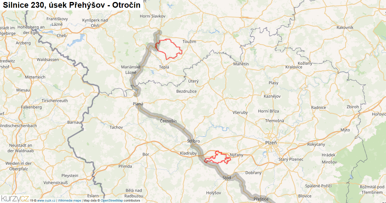 Úsek Přehýšov - Otročín, Silnice 230 - Mapa