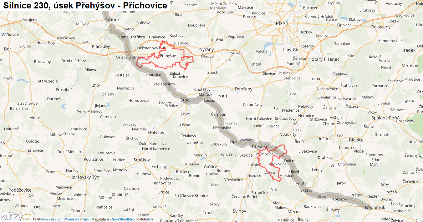 Úsek Přehýšov - Příchovice, Silnice 230 - Mapa