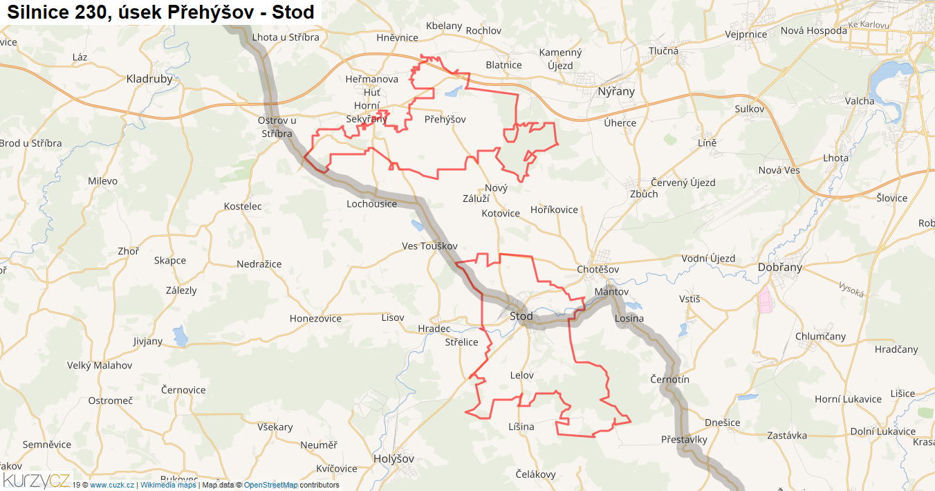 Úsek Přehýšov - Stod, Silnice 230 - Mapa