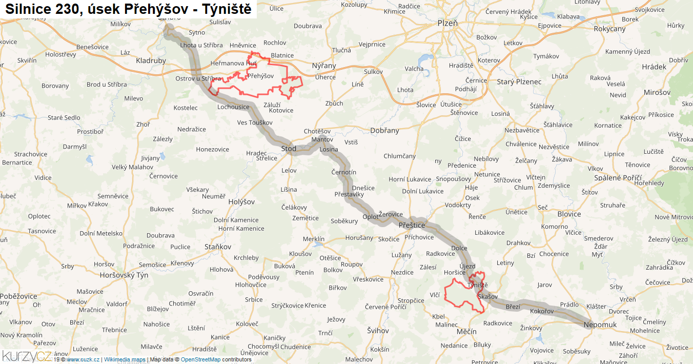 Úsek Přehýšov - Týniště, Silnice 230 - Mapa