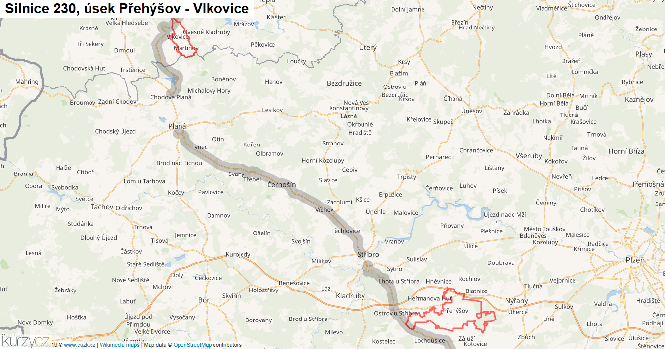 Úsek Přehýšov - Vlkovice, Silnice 230 - Mapa