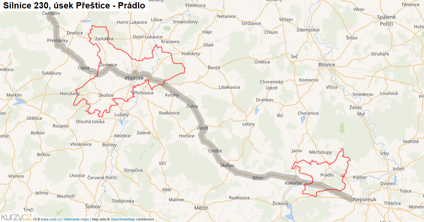Úsek Přeštice - Prádlo, Silnice 230 - Mapa