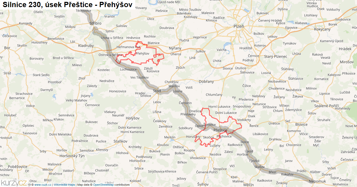 Úsek Přeštice - Přehýšov, Silnice 230 - Mapa