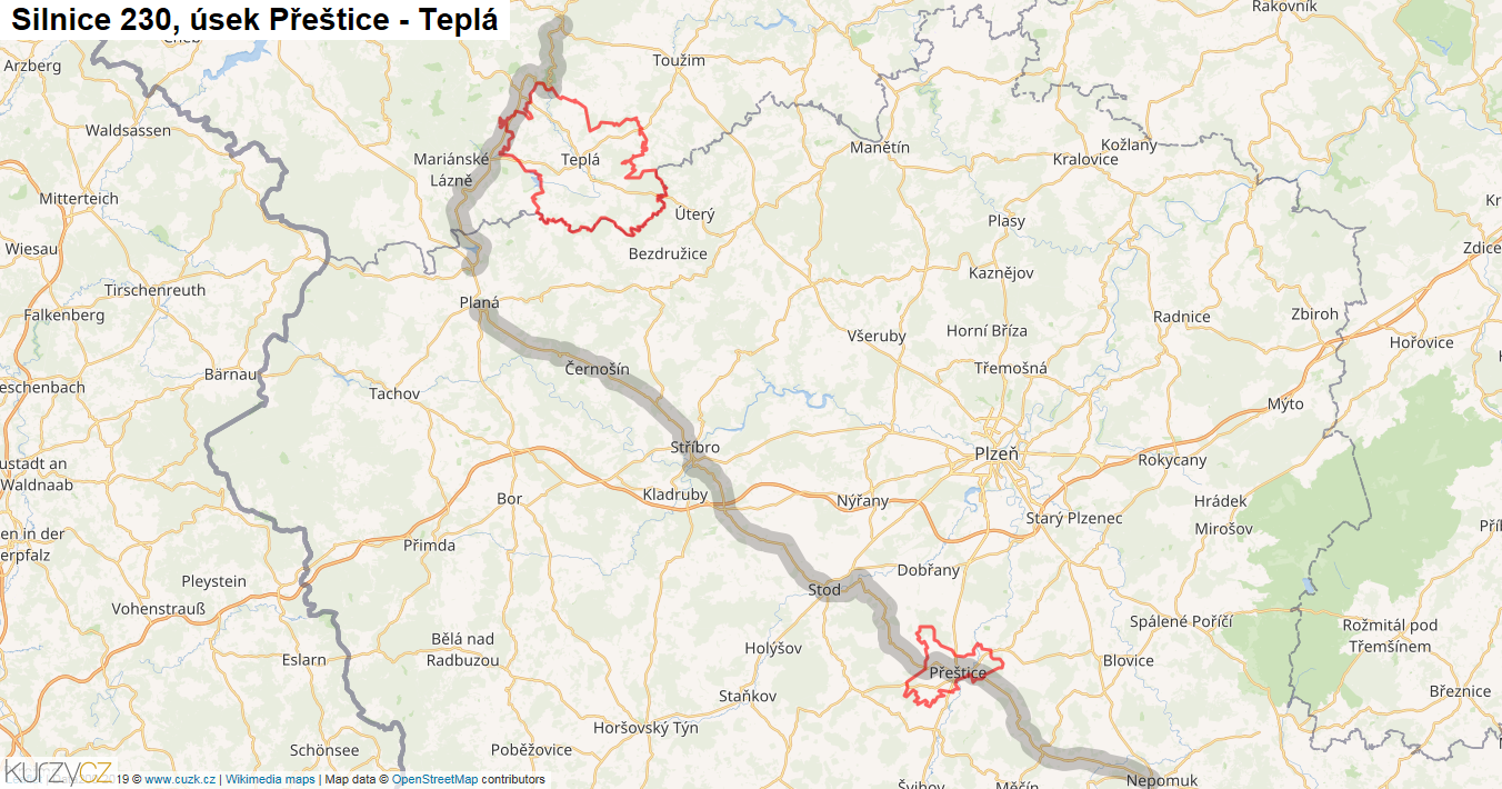 Úsek Přeštice - Teplá, Silnice 230 - Mapa