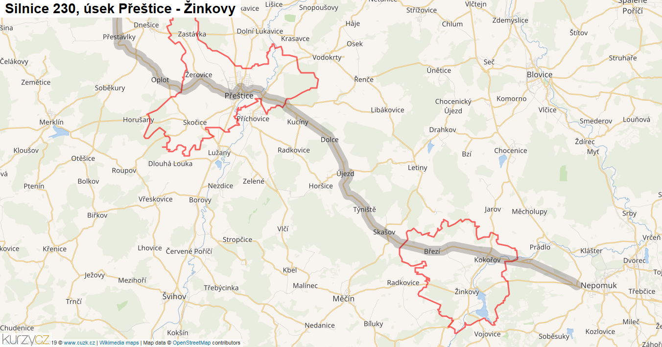 Úsek Přeštice - Žinkovy, Silnice 230 - Mapa
