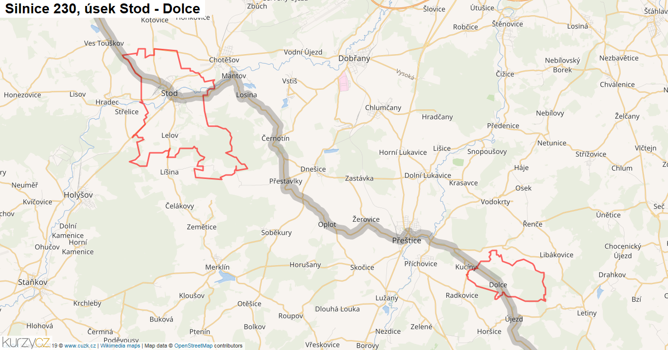 Úsek Stod - Dolce, Silnice 230 - Mapa
