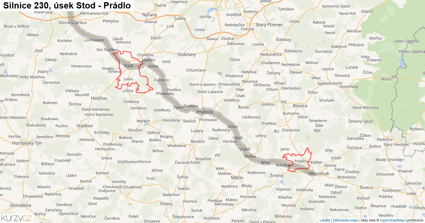 Úsek Stod - Prádlo, Silnice 230 - Mapa