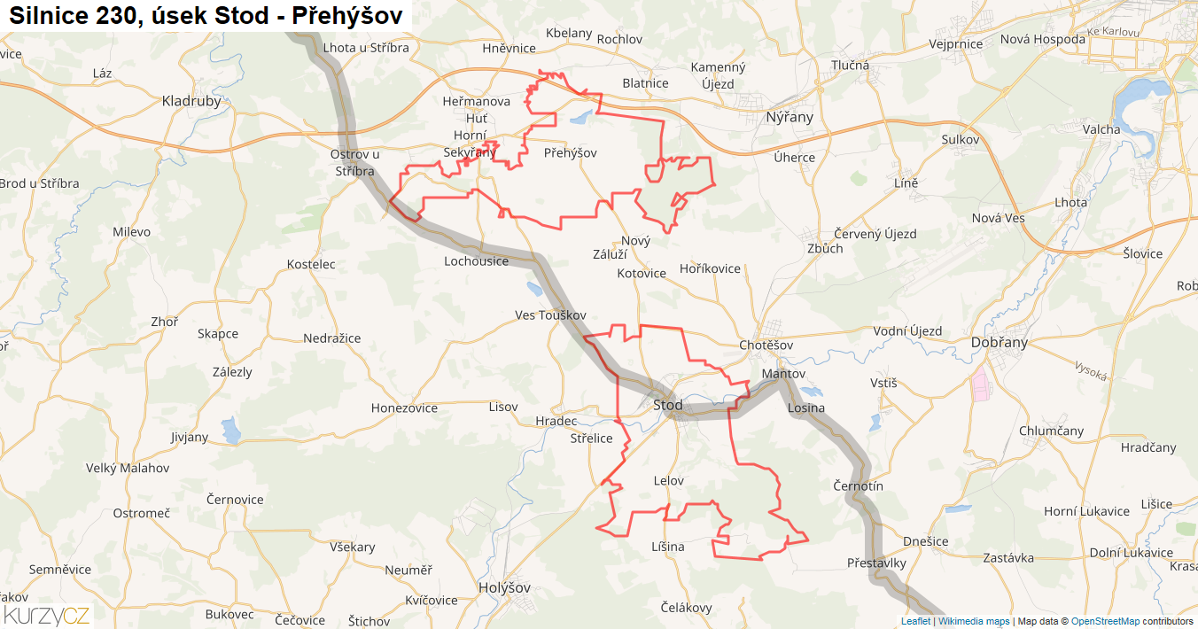 Úsek Stod - Přehýšov, Silnice 230 - Mapa