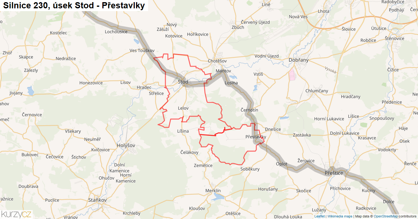 Úsek Stod - Přestavlky, Silnice 230 - Mapa