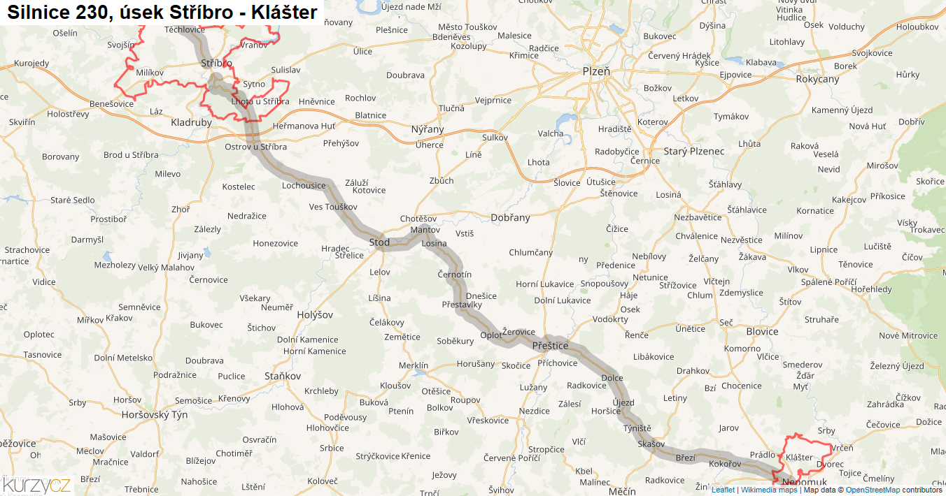 Úsek Stříbro - Klášter, Silnice 230 - Mapa