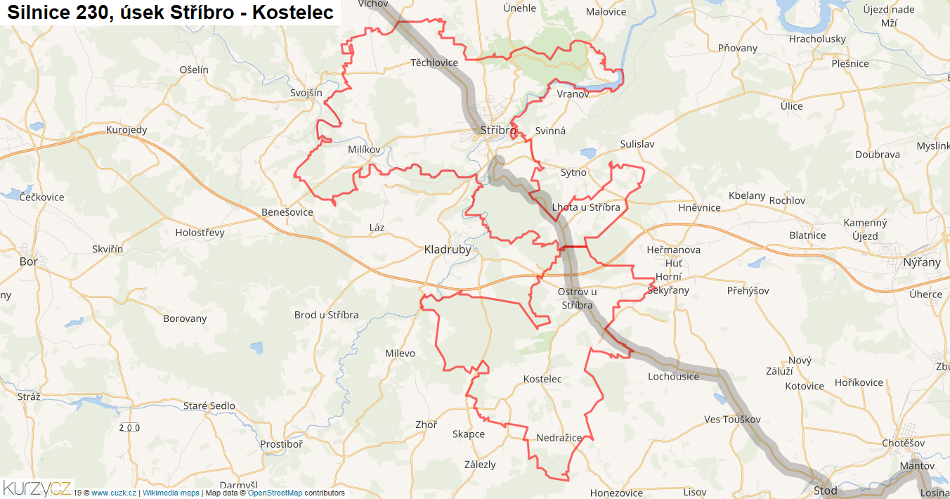 Úsek Stříbro - Kostelec, Silnice 230 - Mapa