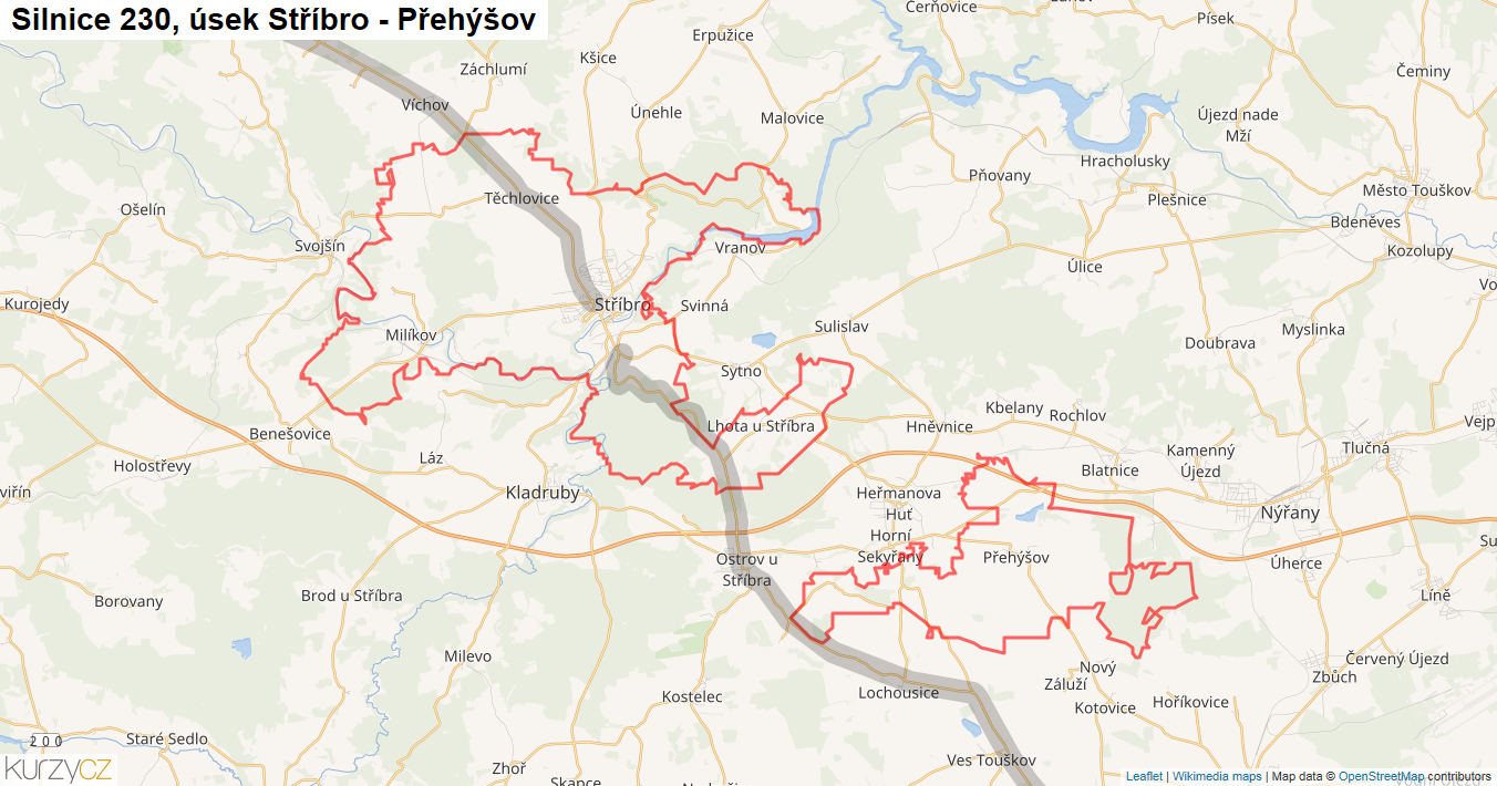 Úsek Stříbro - Přehýšov, Silnice 230 - Mapa