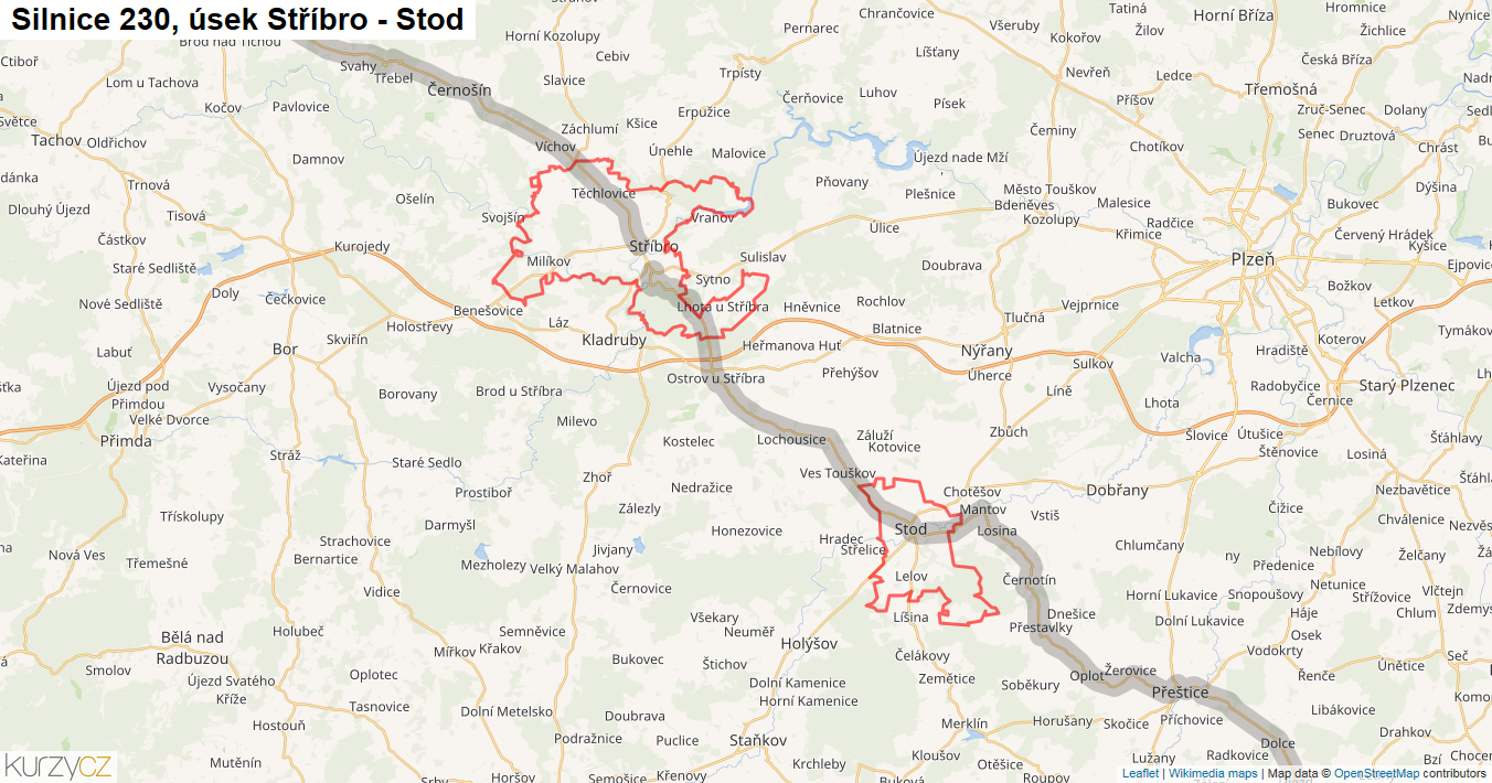 Úsek Stříbro - Stod, Silnice 230 - Mapa