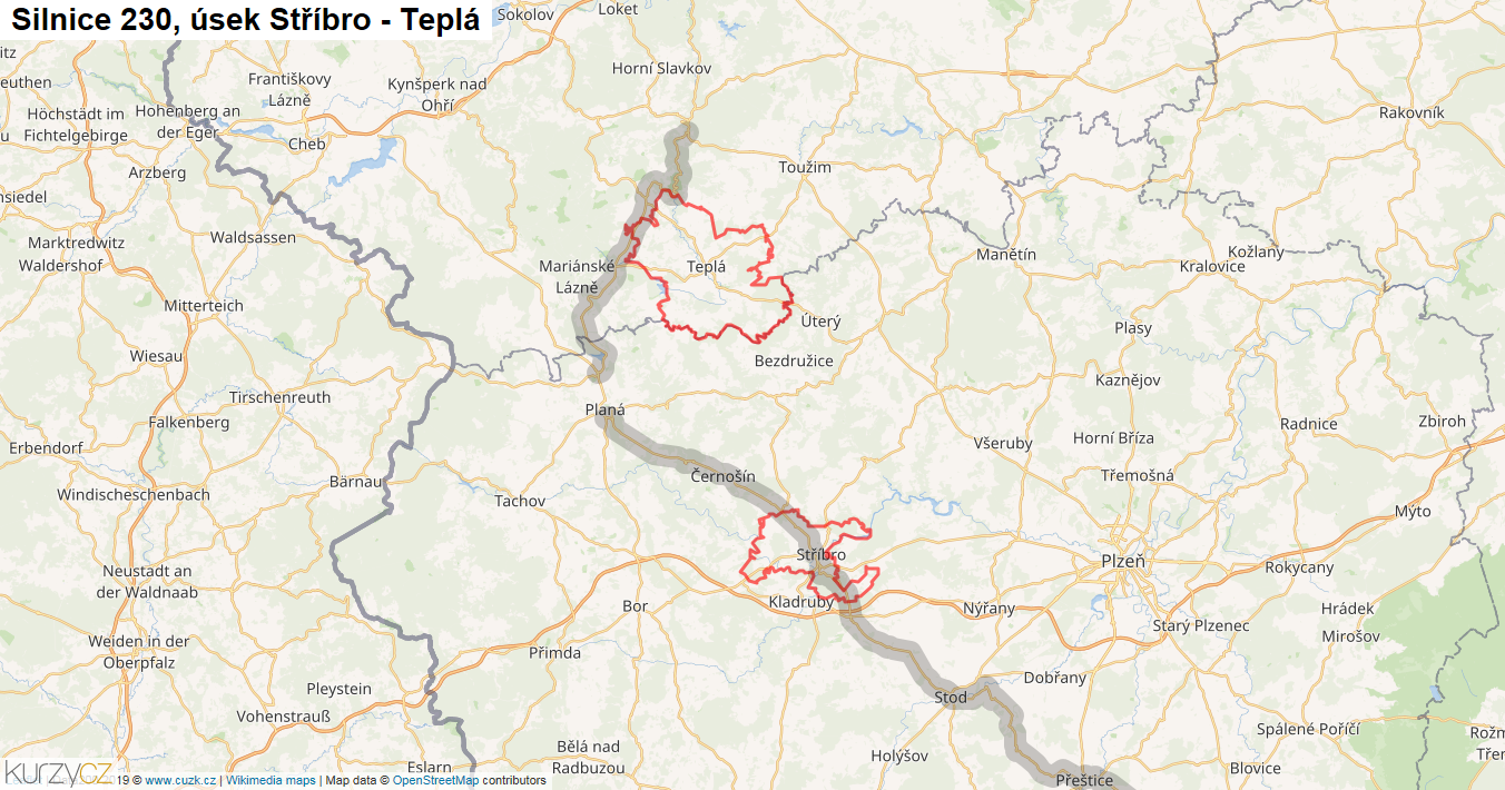 Úsek Stříbro - Teplá, Silnice 230 - Mapa