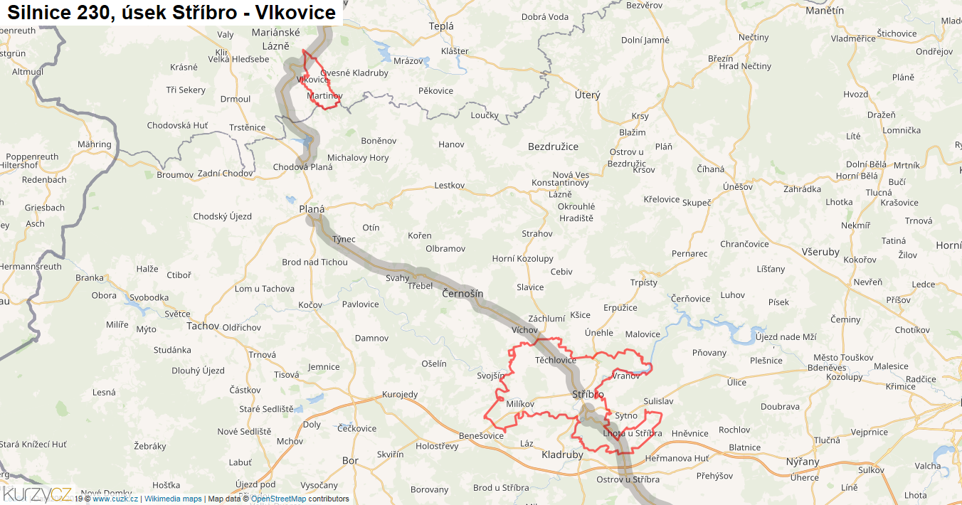 Úsek Stříbro - Vlkovice, Silnice 230 - Mapa