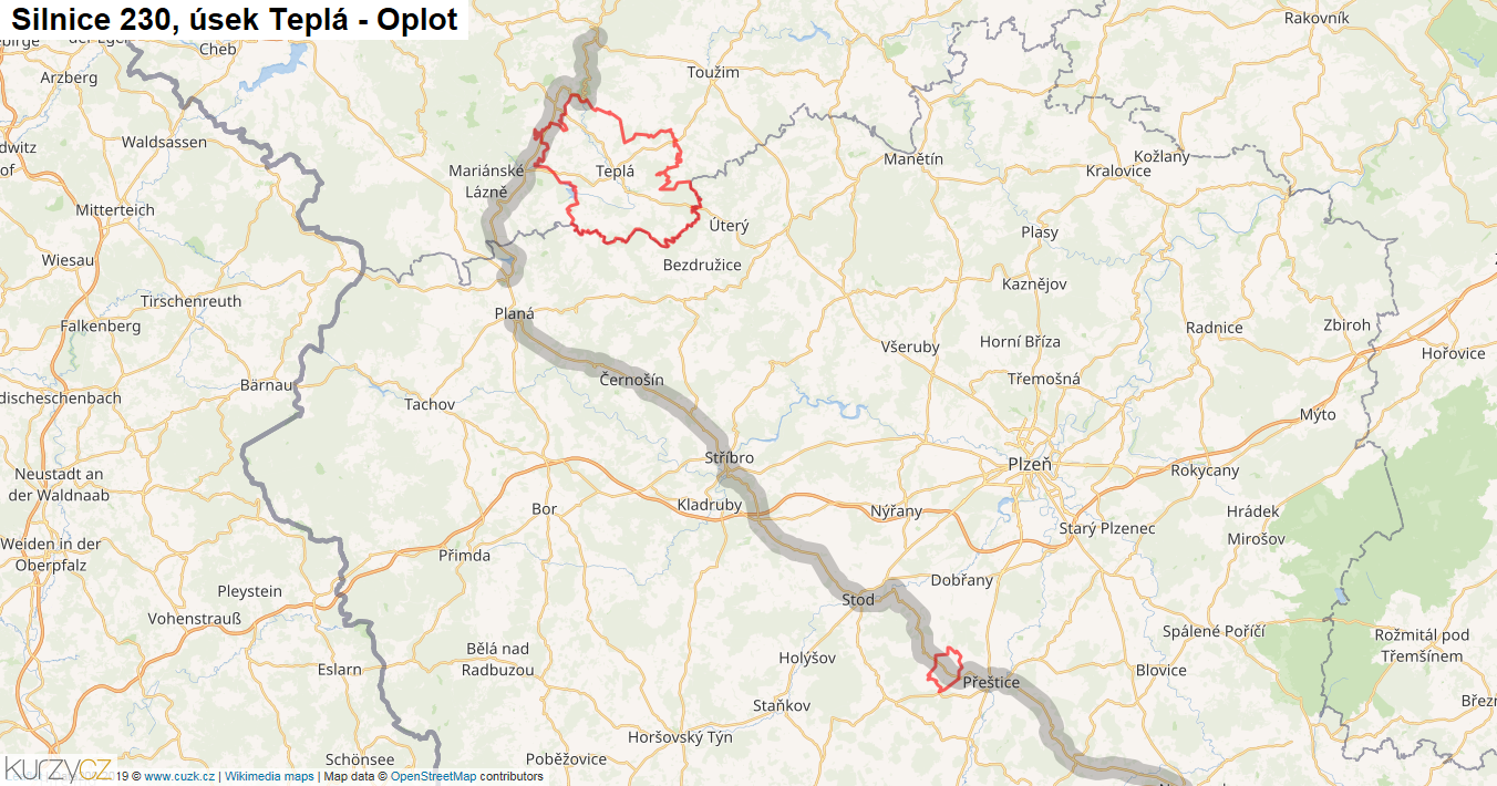 Úsek Teplá - Oplot, Silnice 230 - Mapa