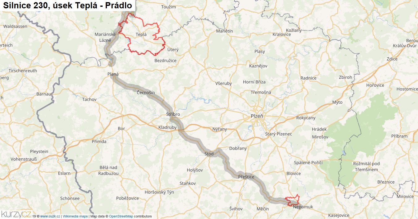 Úsek Teplá - Prádlo, Silnice 230 - Mapa