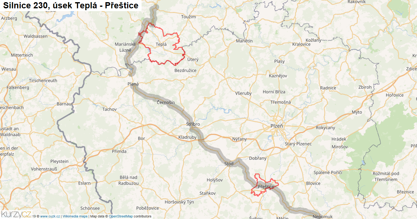 Úsek Teplá - Přeštice, Silnice 230 - Mapa