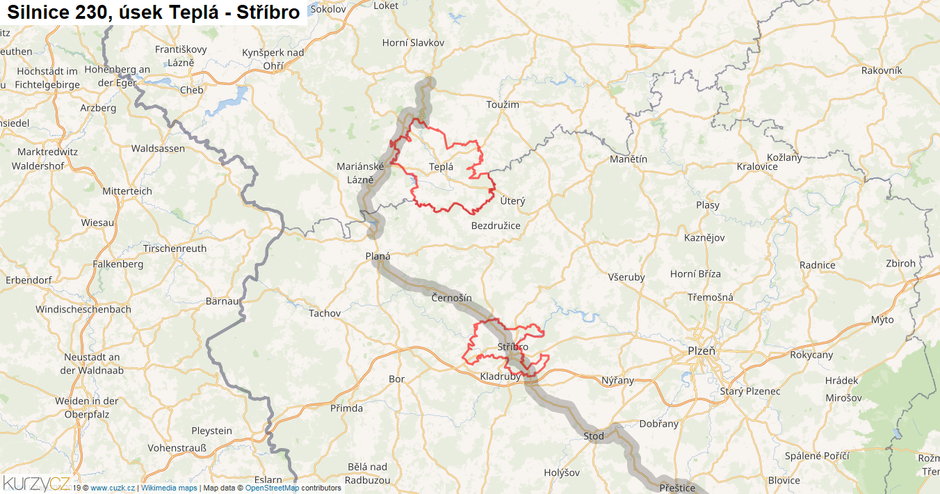 Úsek Teplá - Stříbro, Silnice 230 - Mapa