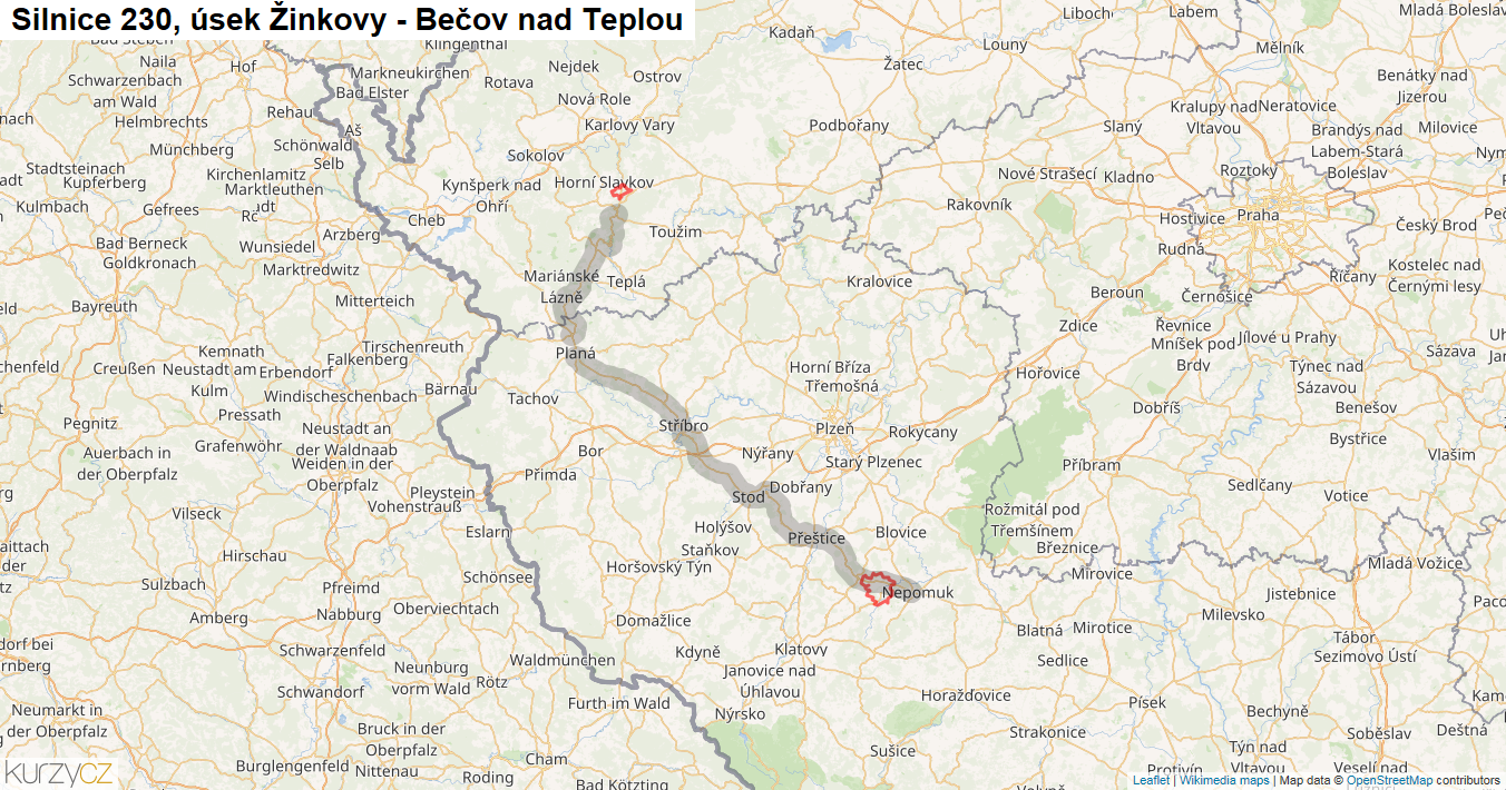 Úsek Žinkovy - Bečov nad Teplou, Silnice 230 - Mapa