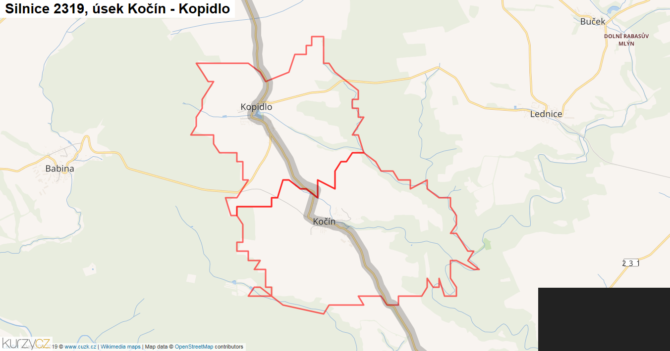 Úsek Kočín - Kopidlo, Silnice 2319 - Mapa