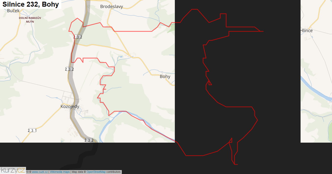 Bohy, Silnice 232 - Mapa