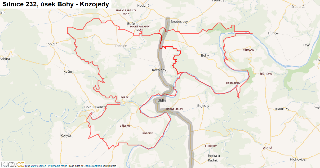 Úsek Bohy - Kozojedy, Silnice 232 - Mapa
