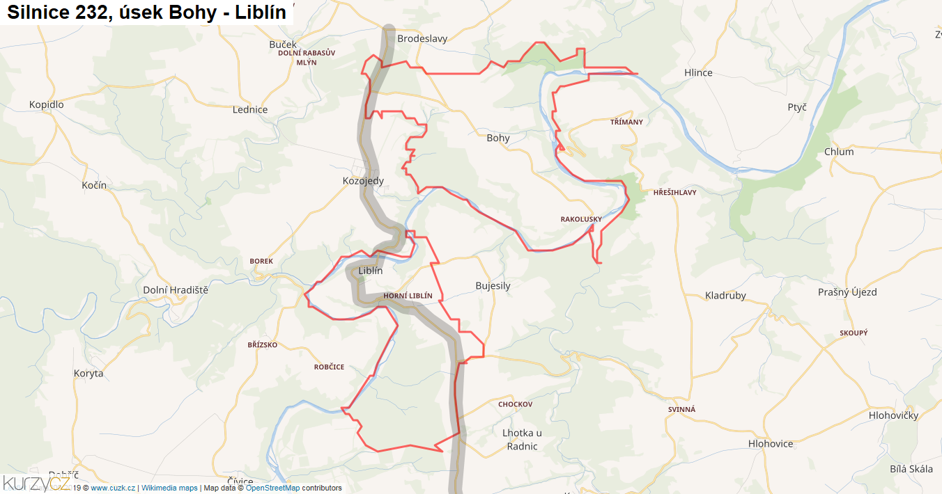 Úsek Bohy - Liblín, Silnice 232 - Mapa