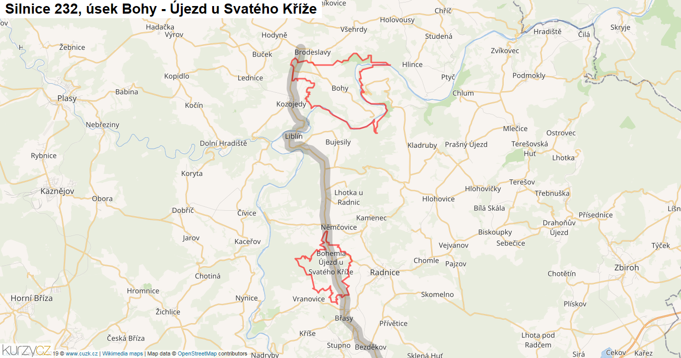 Úsek Bohy - Újezd u Svatého Kříže, Silnice 232 - Mapa
