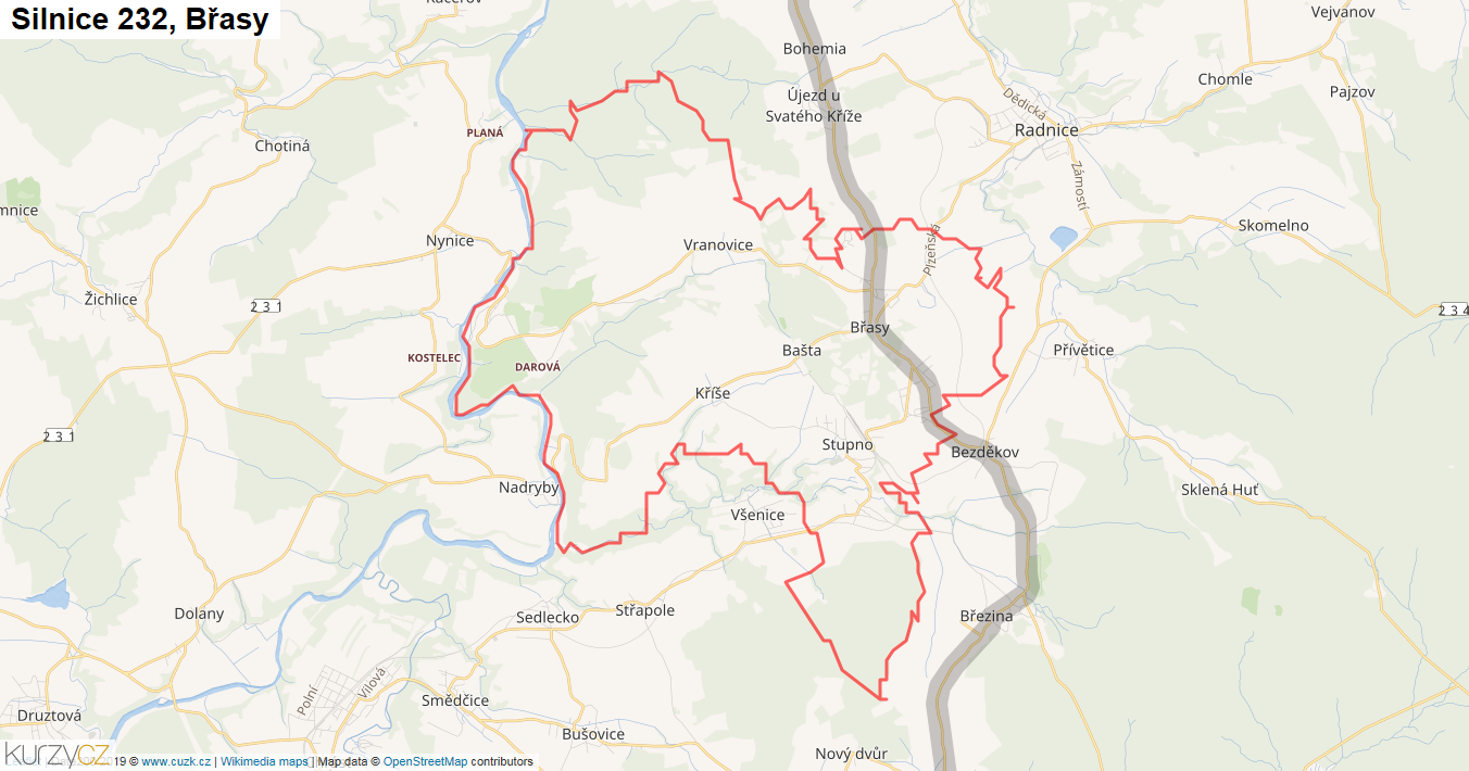 Břasy, Silnice 232 - Mapa