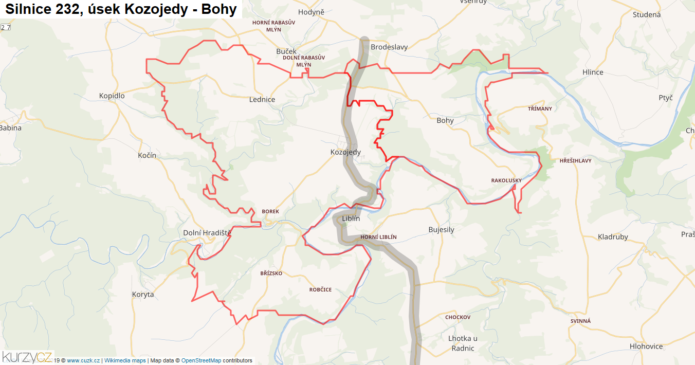 Úsek Kozojedy - Bohy, Silnice 232 - Mapa