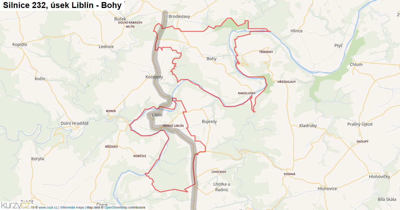 Úsek Liblín - Bohy, Silnice 232 - Mapa