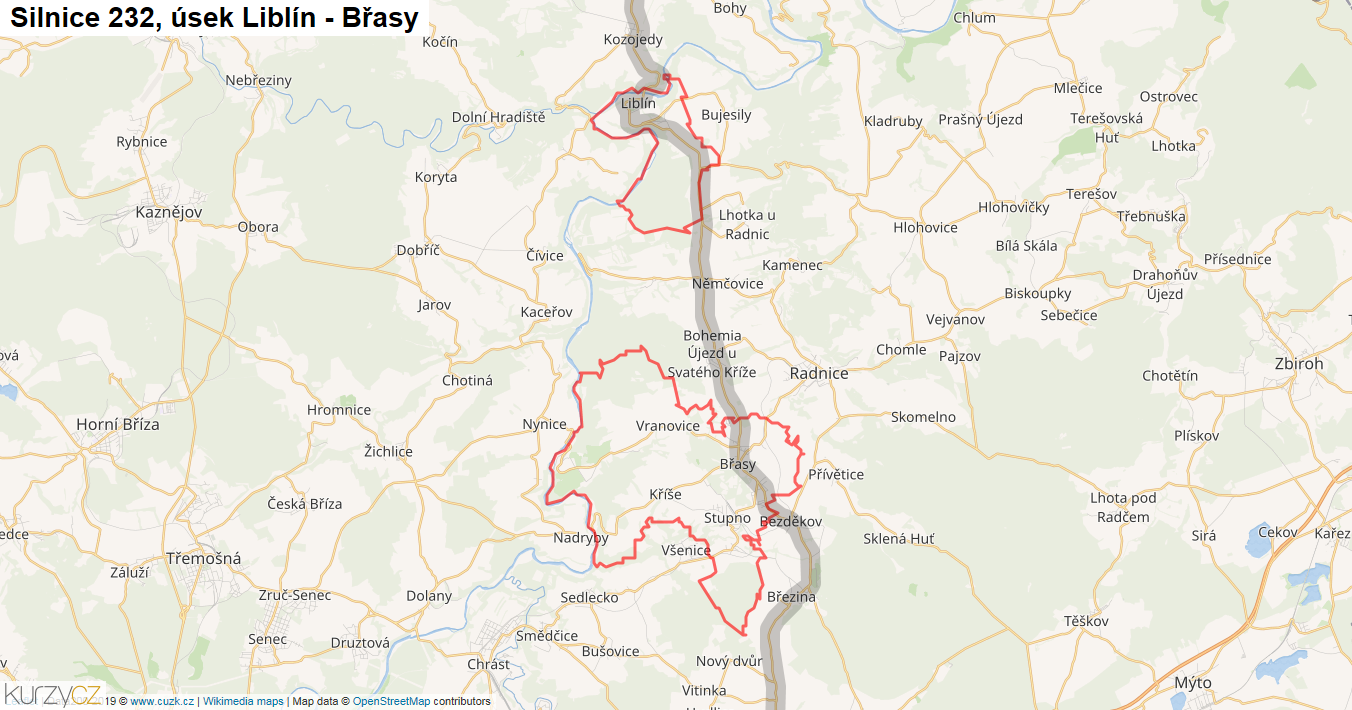 Úsek Liblín - Břasy, Silnice 232 - Mapa