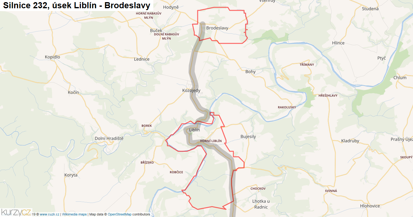 Úsek Liblín - Brodeslavy, Silnice 232 - Mapa
