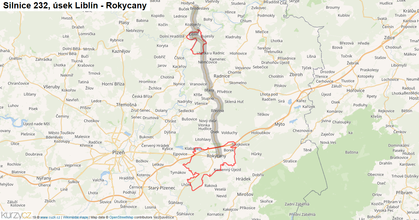 Úsek Liblín - Rokycany, Silnice 232 - Mapa