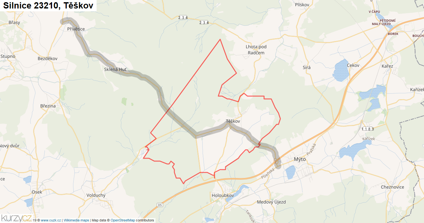 Těškov, Silnice 23210 - Mapa