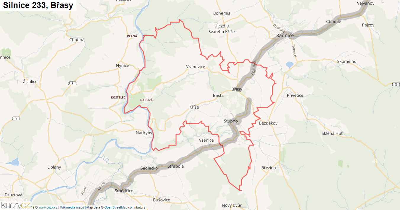 Břasy, Silnice 233 - Mapa