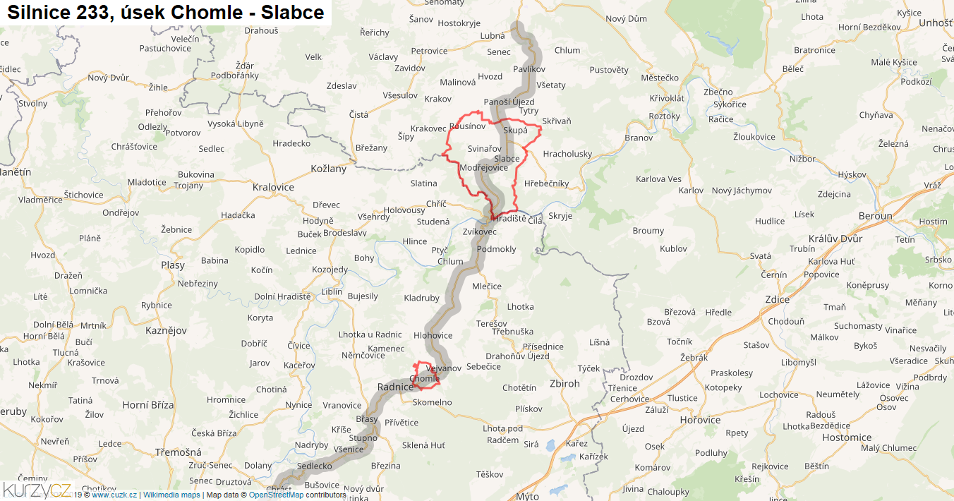 Úsek Chomle - Slabce, Silnice 233 - Mapa
