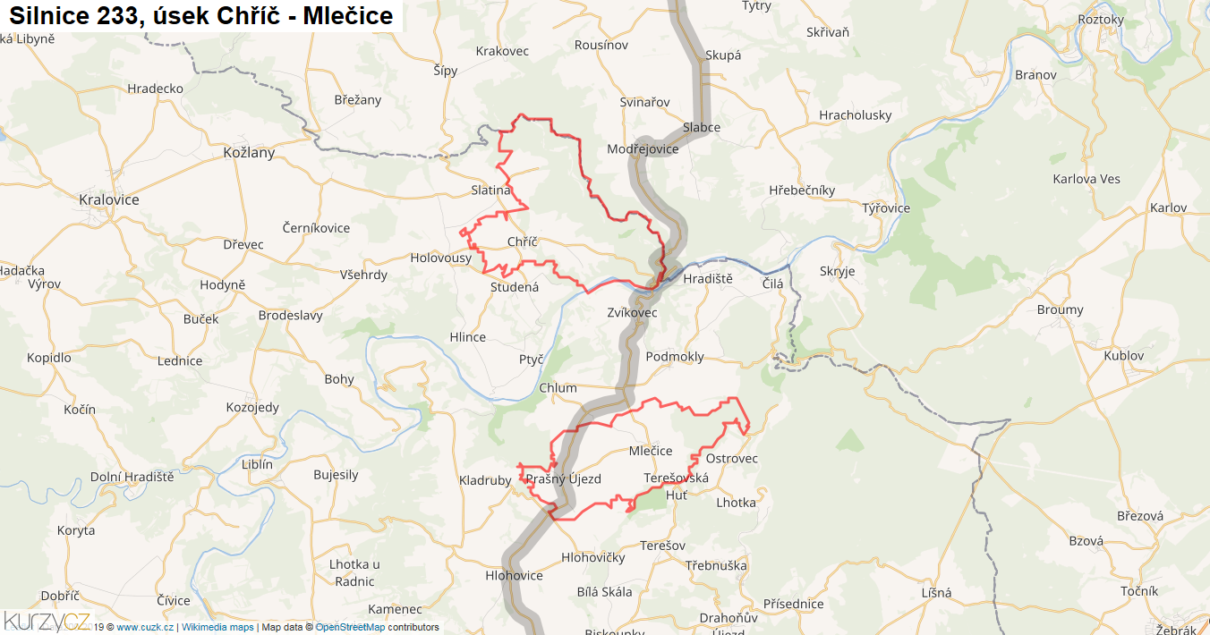 Úsek Chříč - Mlečice, Silnice 233 - Mapa