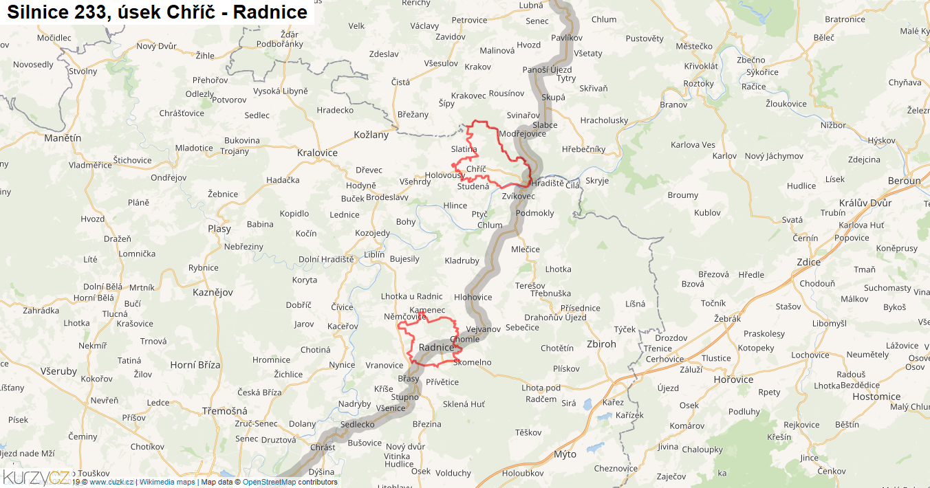 Úsek Chříč - Radnice, Silnice 233 - Mapa