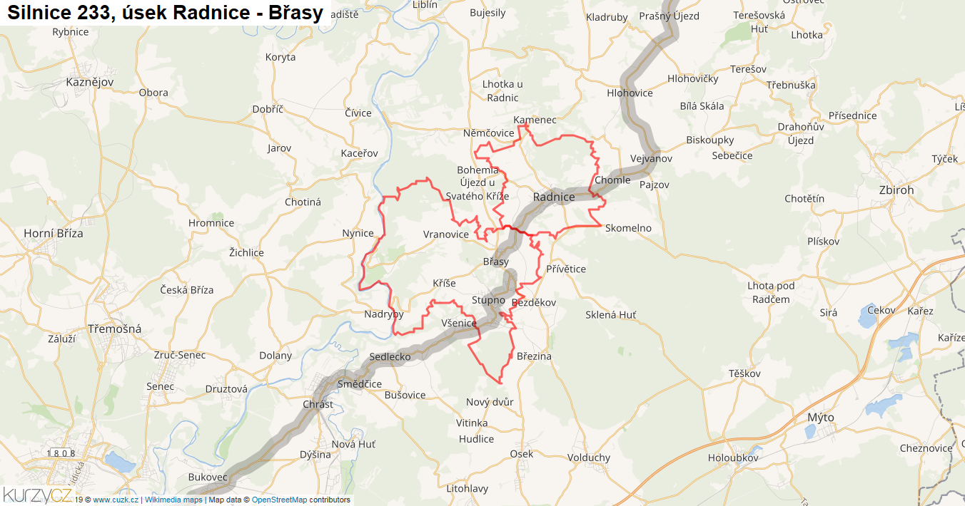 Úsek Radnice - Břasy, Silnice 233 - Mapa