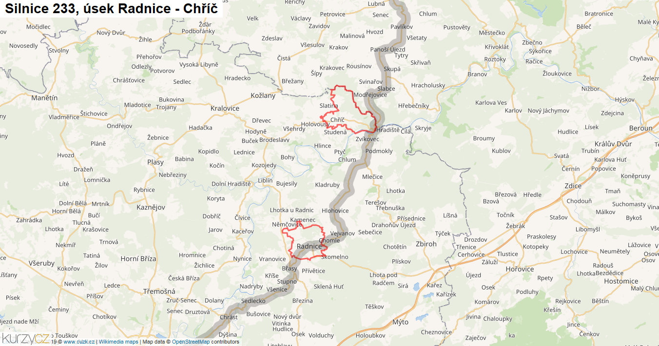 Úsek Radnice - Chříč, Silnice 233 - Mapa