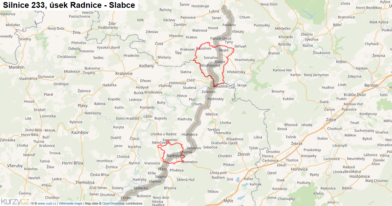 Úsek Radnice - Slabce, Silnice 233 - Mapa