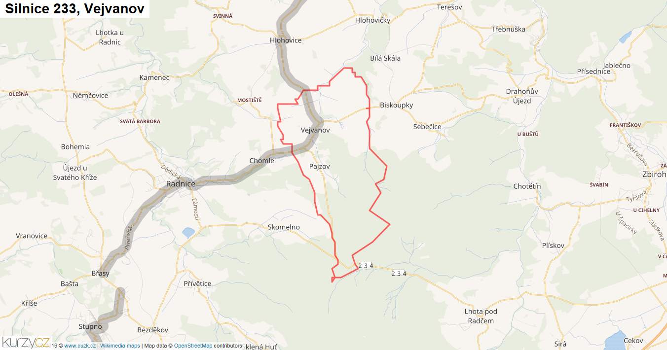 Vejvanov, Silnice 233 - Mapa