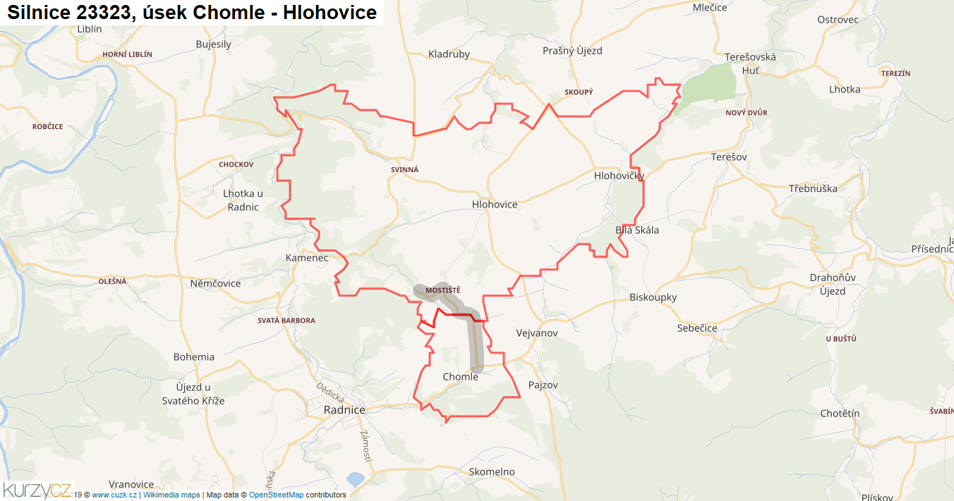 Úsek Chomle - Hlohovice, Silnice 23323 - Mapa