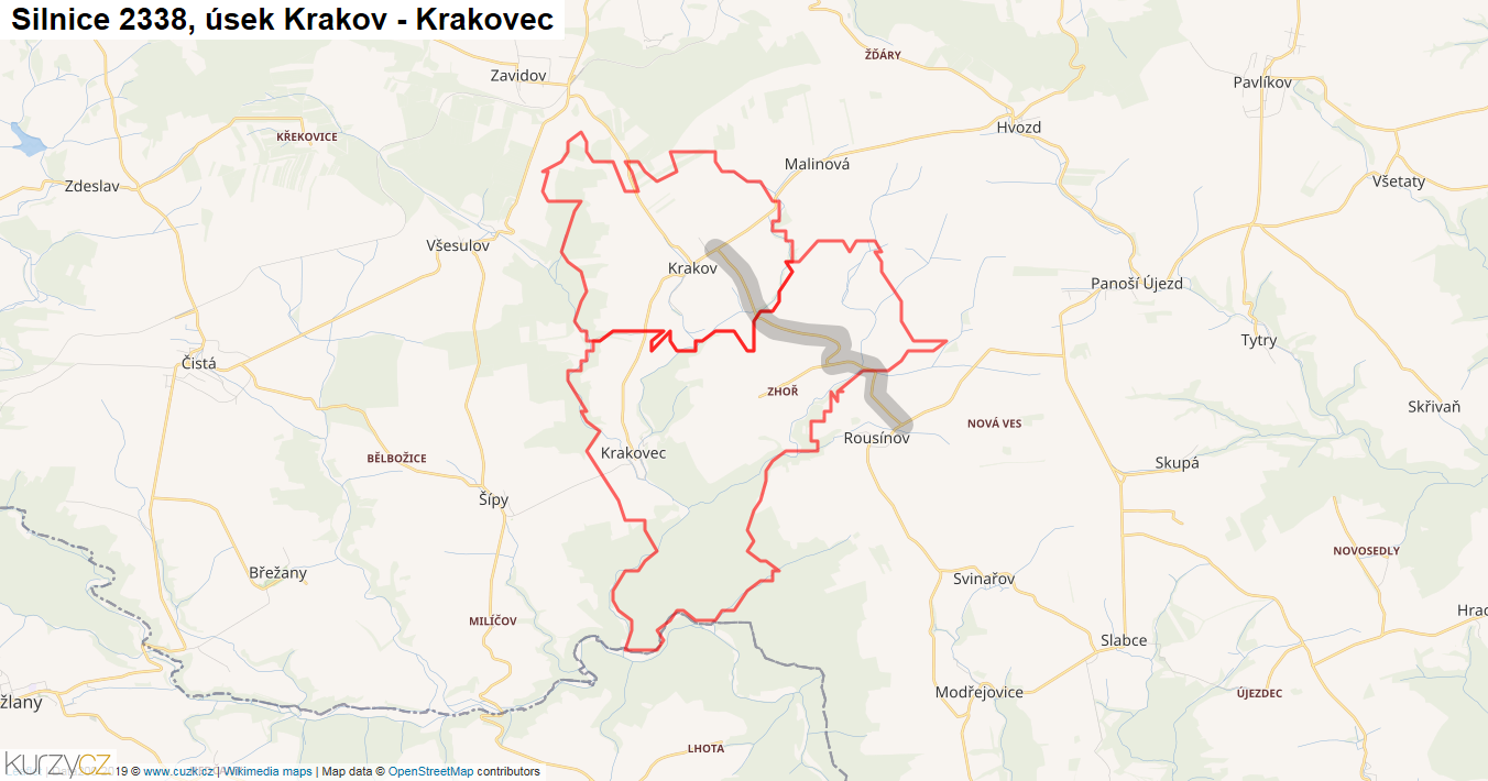 Úsek Krakov - Krakovec, Silnice 2338 - Mapa