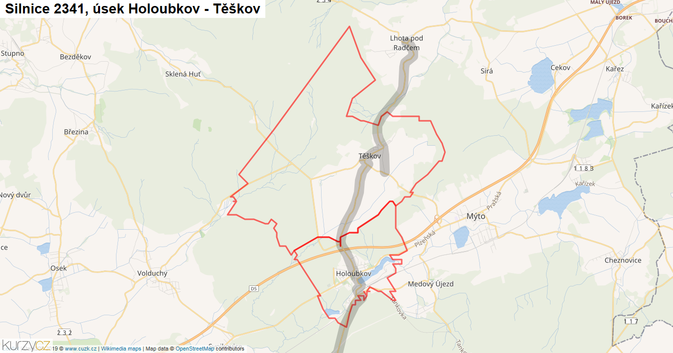 Úsek Holoubkov - Těškov, Silnice 2341 - Mapa